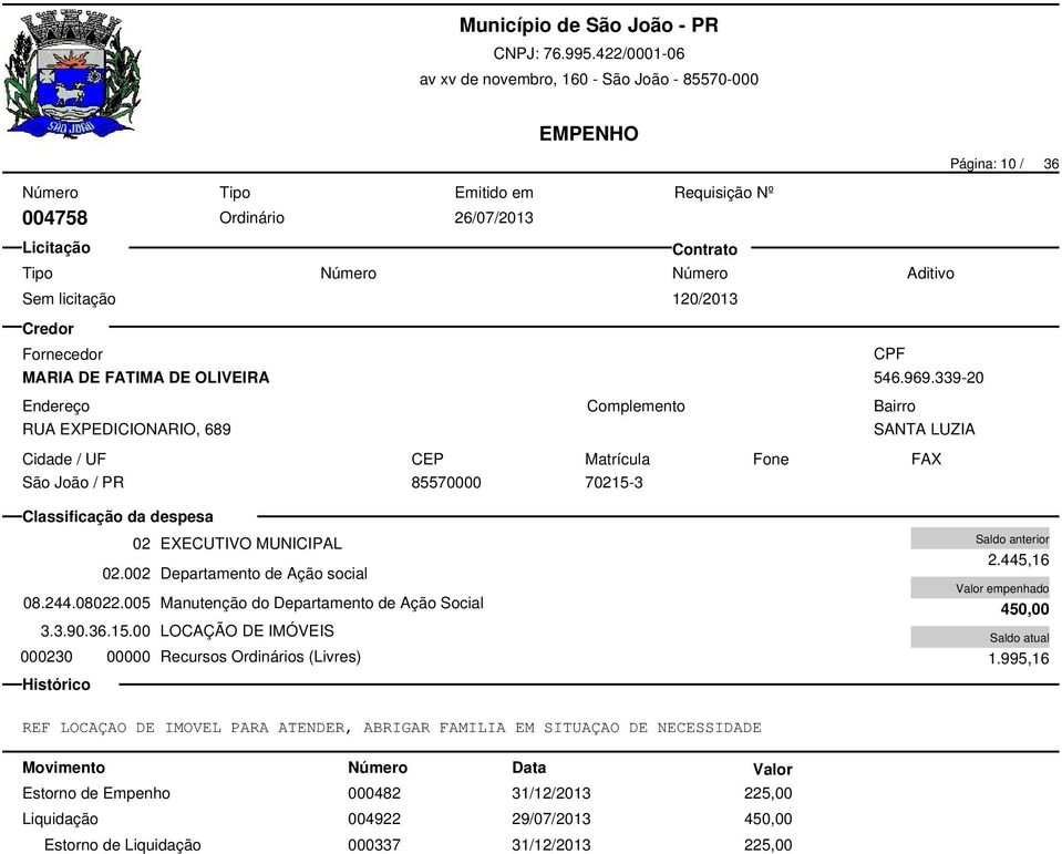 005 Manutenção do Departamento de Ação Social 3.3.90.36.15.00 LOCAÇÃO DE IMÓVEIS 000230 00000 Recursos Ordinários (Livres) 2.