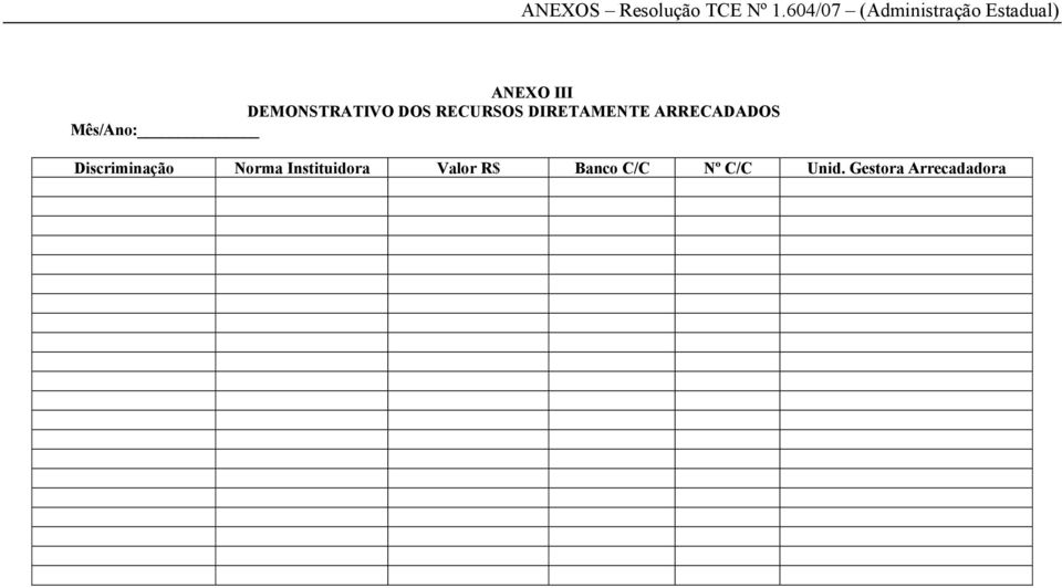 Discriminação Norma Instituidora Valor