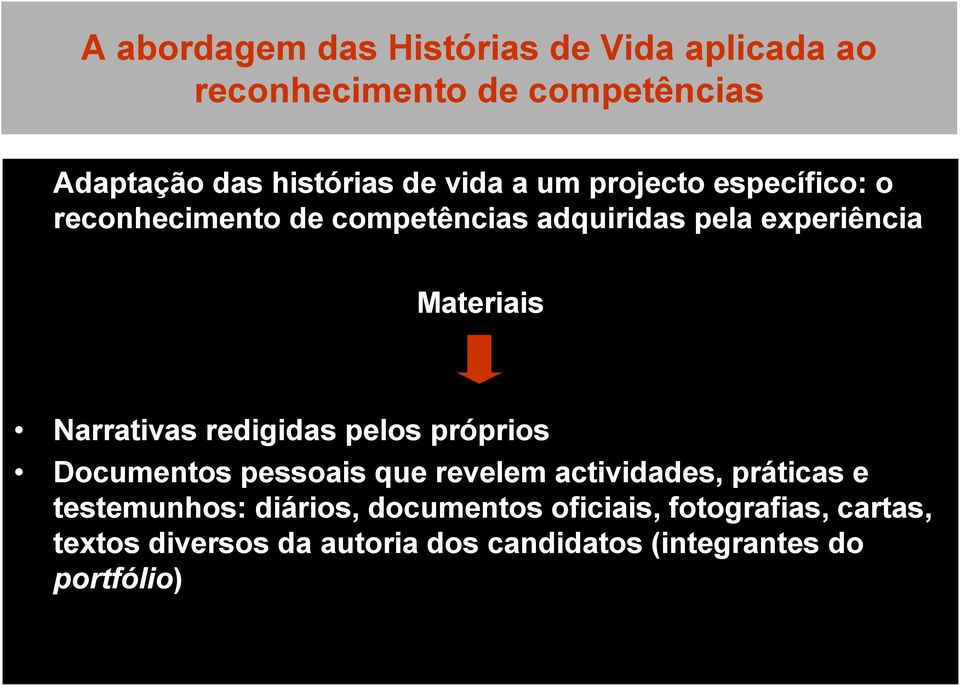 Narrativas redigidas pelos próprios Documentos pessoais que revelem actividades, práticas e testemunhos: