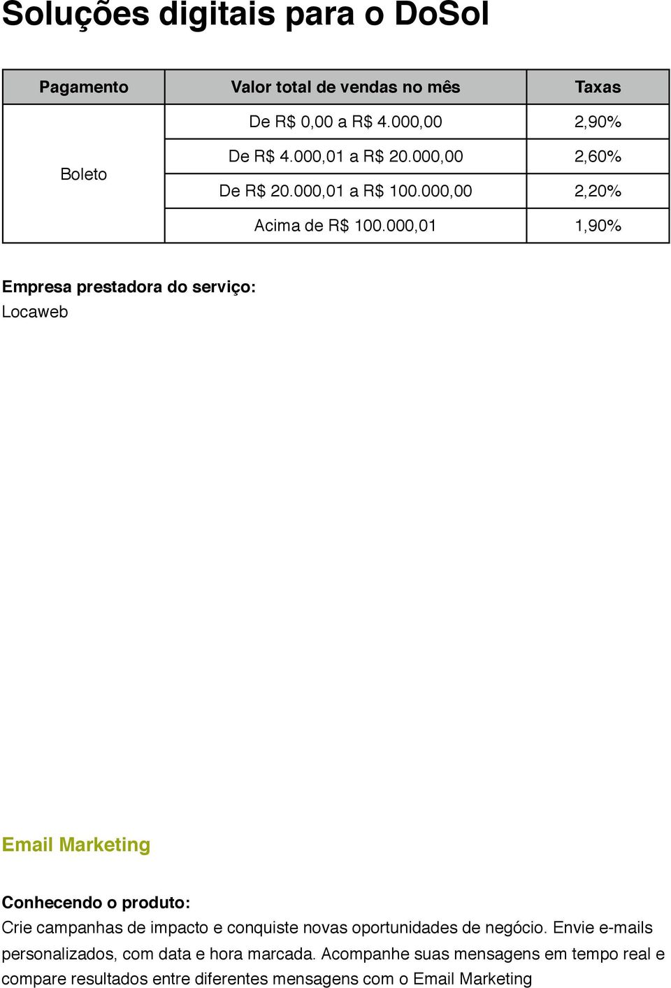 000,01 1,90% Locaweb Email Marketing Crie campanhas de impacto e conquiste novas oportunidades de negócio.