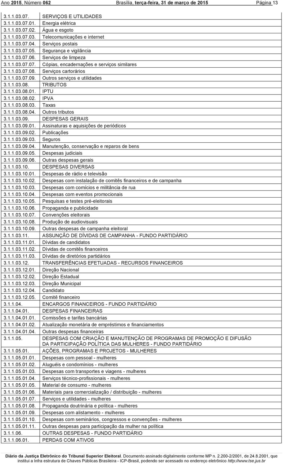 Serviços cartorários 3.1.1.03.07.09. Outros serviços e utilidades 3.1.1.03.08. TRIBUTOS 3.1.1.03.08.01. IPTU 3.1.1.03.08.02. IPVA 3.1.1.03.08.03. Taxas 3.1.1.03.08.04. Outros tributos 3.1.1.03.09. DESPESAS GERAIS 3.