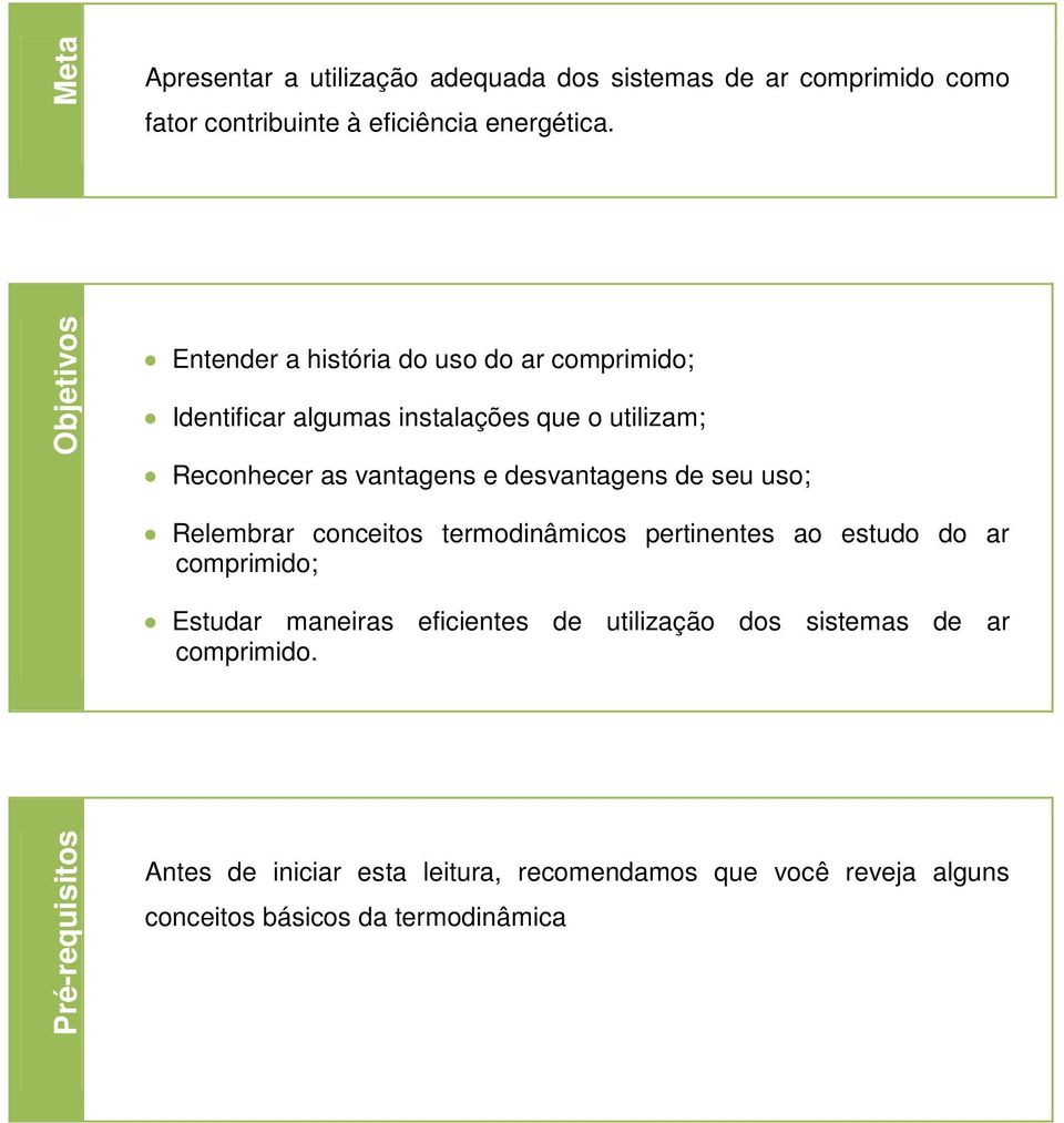 desvantagens de seu uso; Relembrar conceitos termodinâmicos ertinentes ao estudo do ar comrimido; Estudar maneiras eficientes de