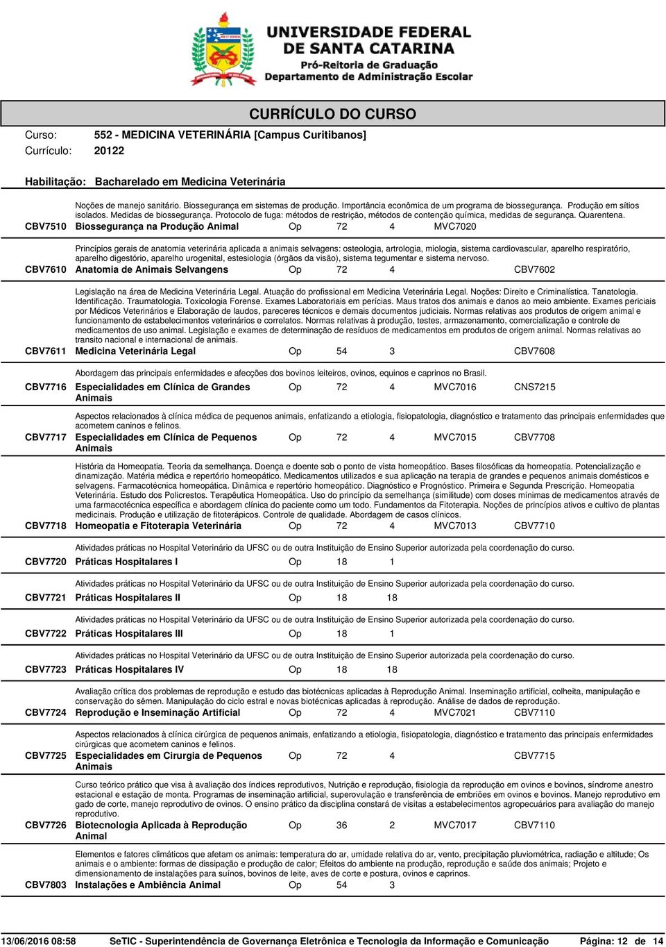 CBV7510 Biossegurança na Produção Animal Op 72 4 MVC7020 Princípios gerais de anatomia veterinária aplicada a animais selvagens: osteologia, artrologia, miologia, sistema cardiovascular, aparelho