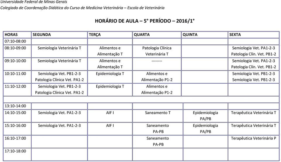 PA1-2-3 Patologia Clín. Vet. PB1-2 -------- Semiologia Vet. PA1-2-3 Patologia Clín. Vet. PB1-2 Alimentos e Alimentação P1-2 Alimentos e Alimentação P1-2 Semiologia Vet. PB1-2-3 Semiologia Vet.