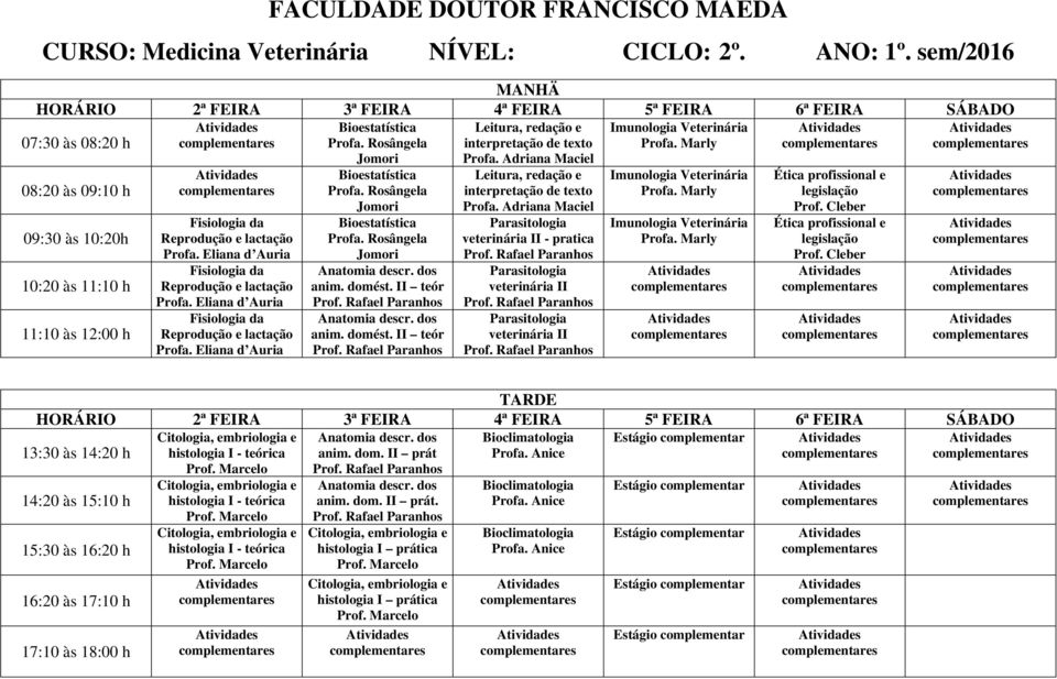 Cleber Bioestatística Parasitologia Imunologia Veterinária Ética profissional e Reprodução e lactação Profa. Rosângela II - pratica legislação Jomori Prof. Cleber Anatomia descr.