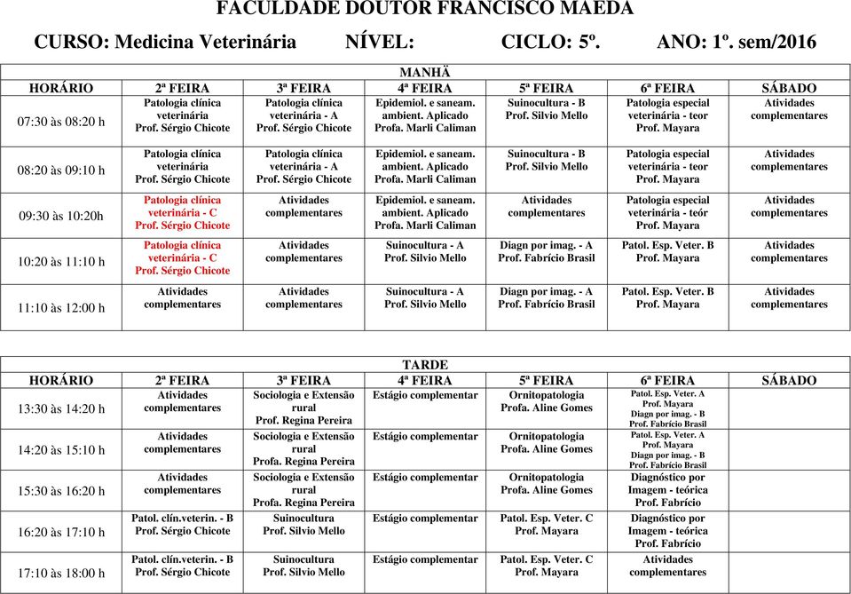 - A Brasil Patol. Esp. Veter. B Suinocultura - A Diagn por imag. - A Brasil Patol. Esp. Veter. B Sociologia e Extensão Ornitopatologia Patol. Esp. Veter. A rural Diagn por imag. - B Prof.