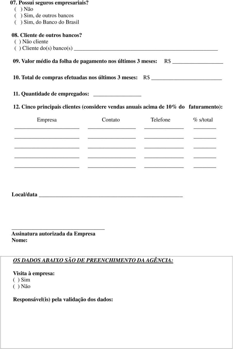 Total de compras efetuadas nos últimos 3 meses: R$ 11. Quantidade de empregados: 12.