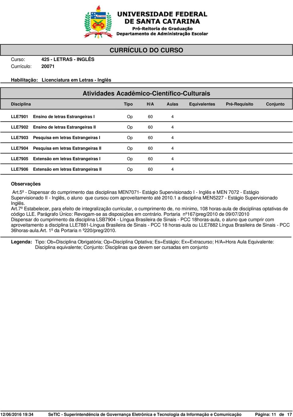 5º - Dispensar do cumprimento das disciplinas MEN7071- Estágio Supervisionado I - Inglês e MEN 707 - Estágio Supervisionado II - Inglês, o aluno que cursou com aproveitamento até 010.