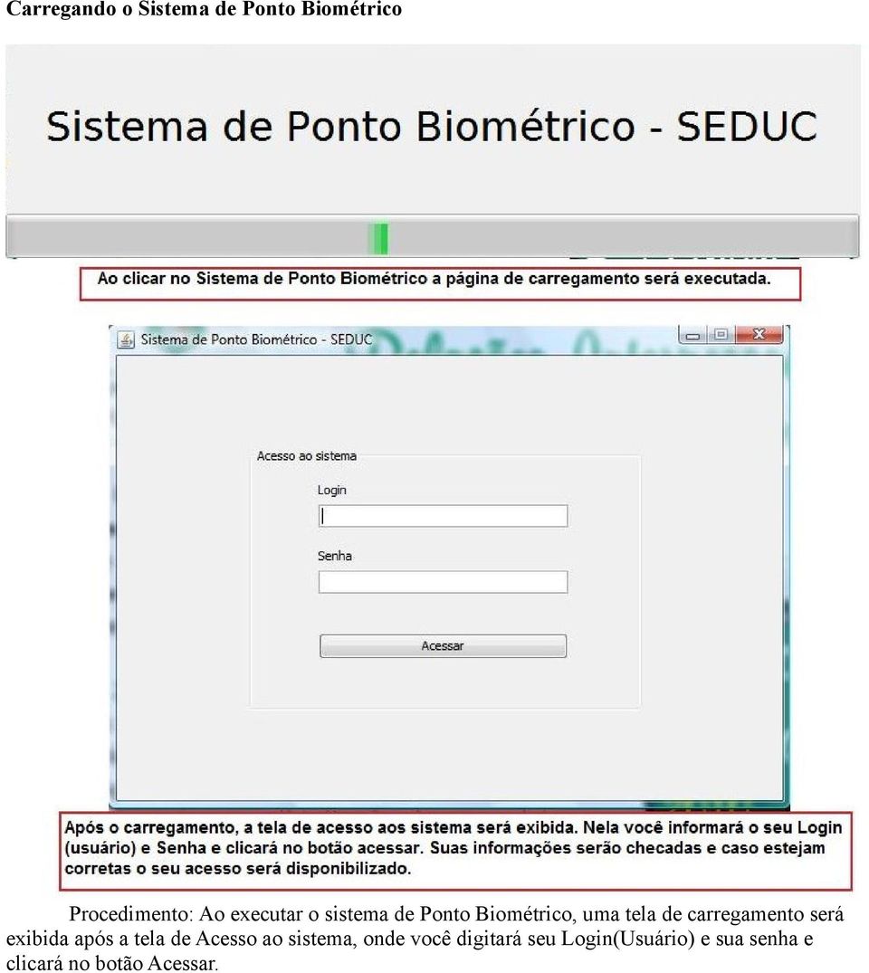 carregamento será exibida após a tela de Acesso ao sistema,