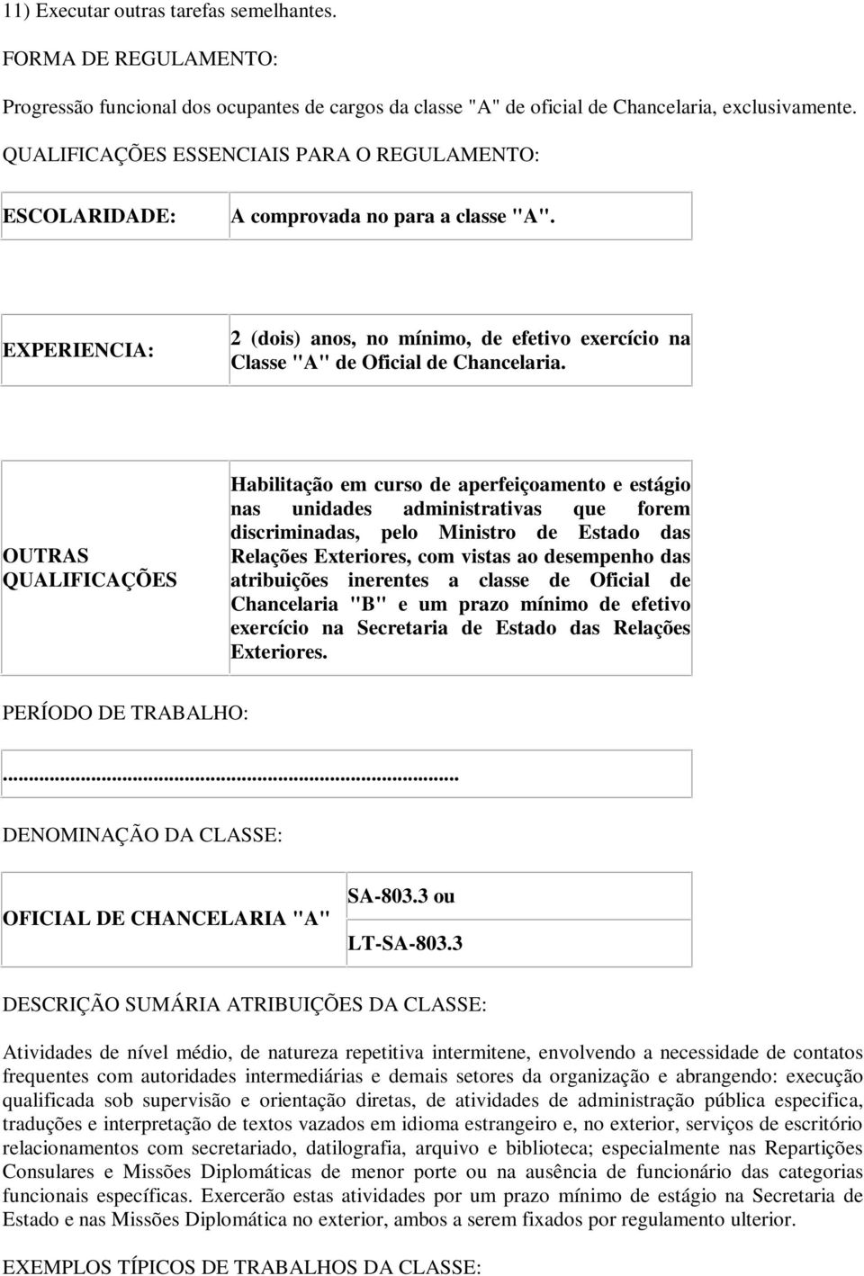 OUTRAS QUALIFICAÇÕES Habilitação em curso de aperfeiçoamento e estágio nas unidades administrativas que forem discriminadas, pelo Ministro de Estado das Relações Exteriores, com vistas ao desempenho