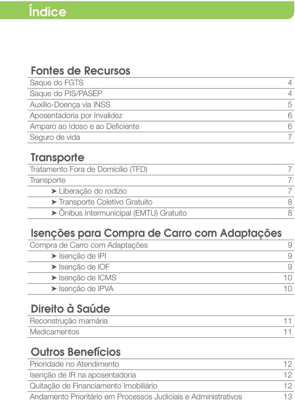 Carro com Adaptações Compra de Carro com Adaptações 9 Isenção de IPI 9 Isenção de IOF 9 Isenção de ICMS 10 Isenção de IPVA 10 Direito à Saúde Reconstrução mamária 11 Medicamentos