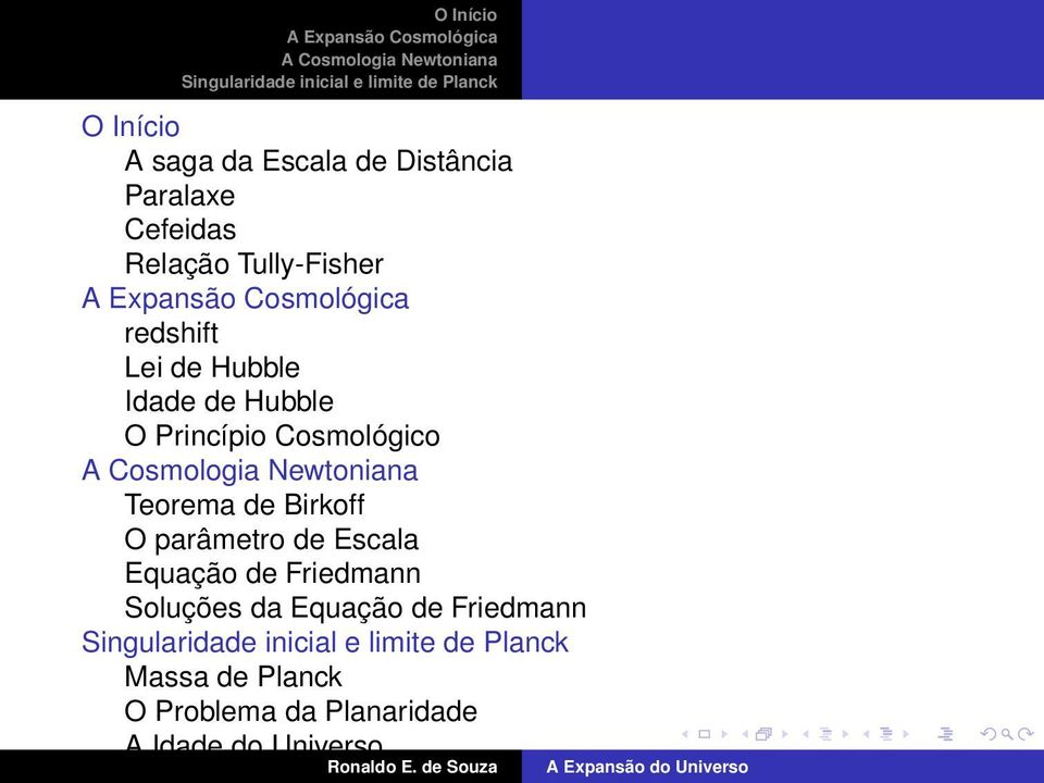 Cosmológico Teorema de Birkoff O parâmetro de Escala Equação de Friedmann