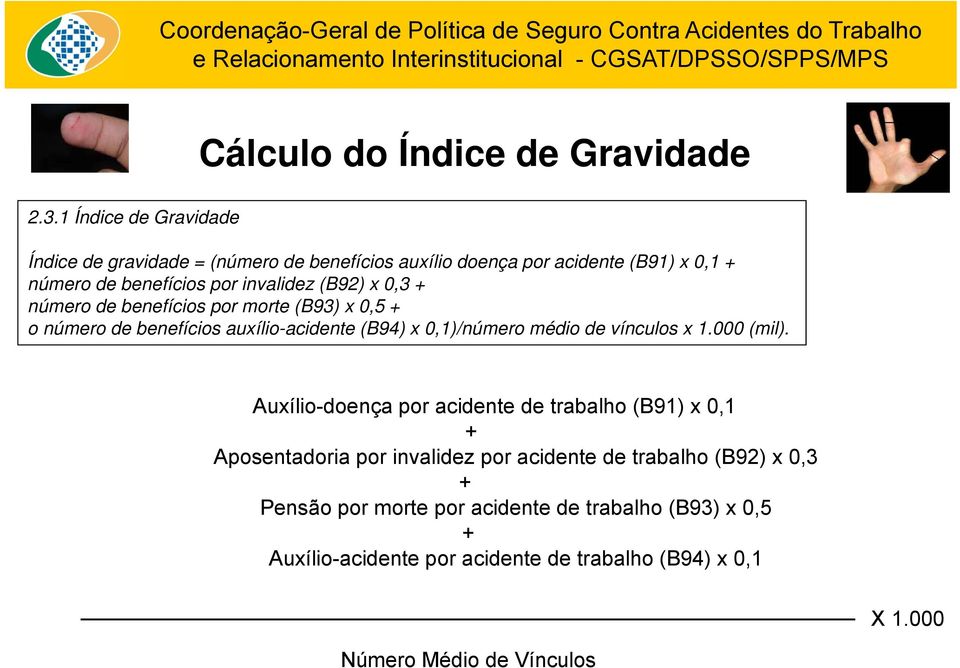 x 0,3 + número de benefícios por morte (B93) x 0,5 + o número de benefícios auxílio-acidente (B94) x 0,1)/número médio de vínculos x 1.000 (mil).