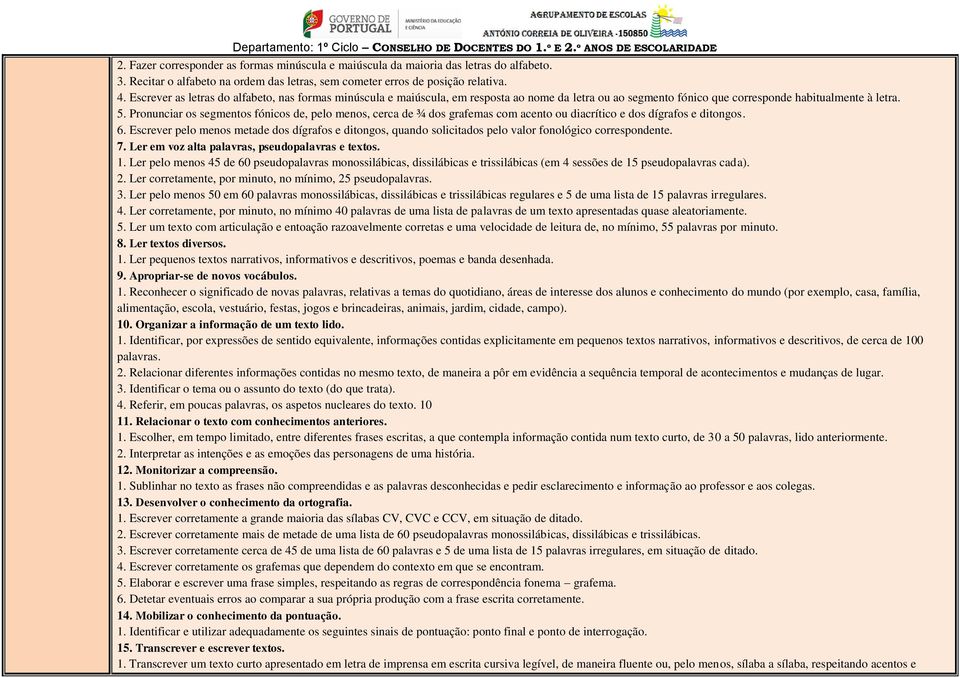 Pronunciar os segmentos fónicos de, pelo menos, cerca de ¾ dos grafemas com acento ou diacrítico e dos dígrafos e ditongos. 6.