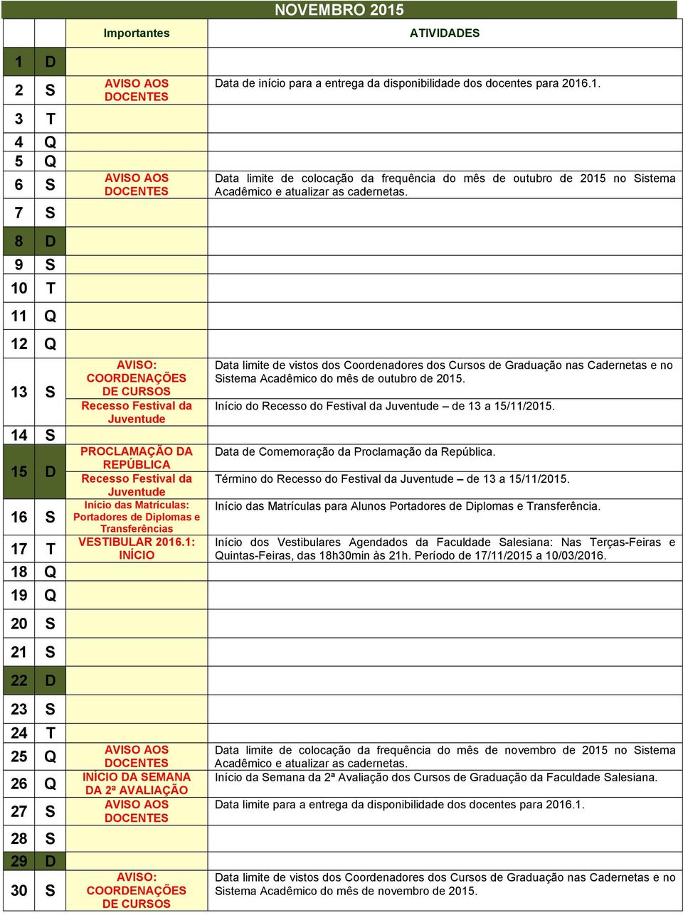 1: INÍCIO INÍCIO DA SEMANA DA 2ª AVALIAÇÃO NOVEMBRO 2015 Data de início para a entrega da disponibilidade dos docentes para 2016.1. Data limite de colocação da frequência do mês de outubro de 2015 no Sistema Acadêmico e atualizar as cadernetas.