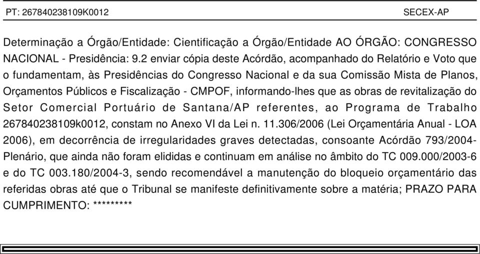 informando-lhes que as obras de revitalização do Setor Comercial Portuário de Santana/AP referentes, ao Programa de Trabalho 267840238109k0012, constam no Anexo VI da Lei n. 11.