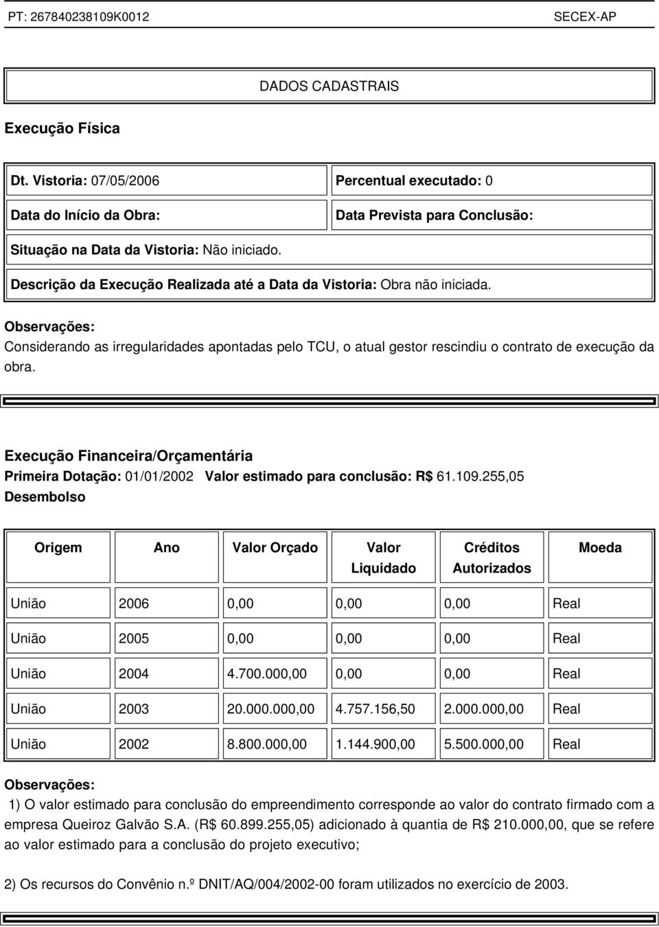 Execução Financeira/Orçamentária Primeira Dotação: 01/01/2002 Valor estimado para conclusão: R$ 61.109.