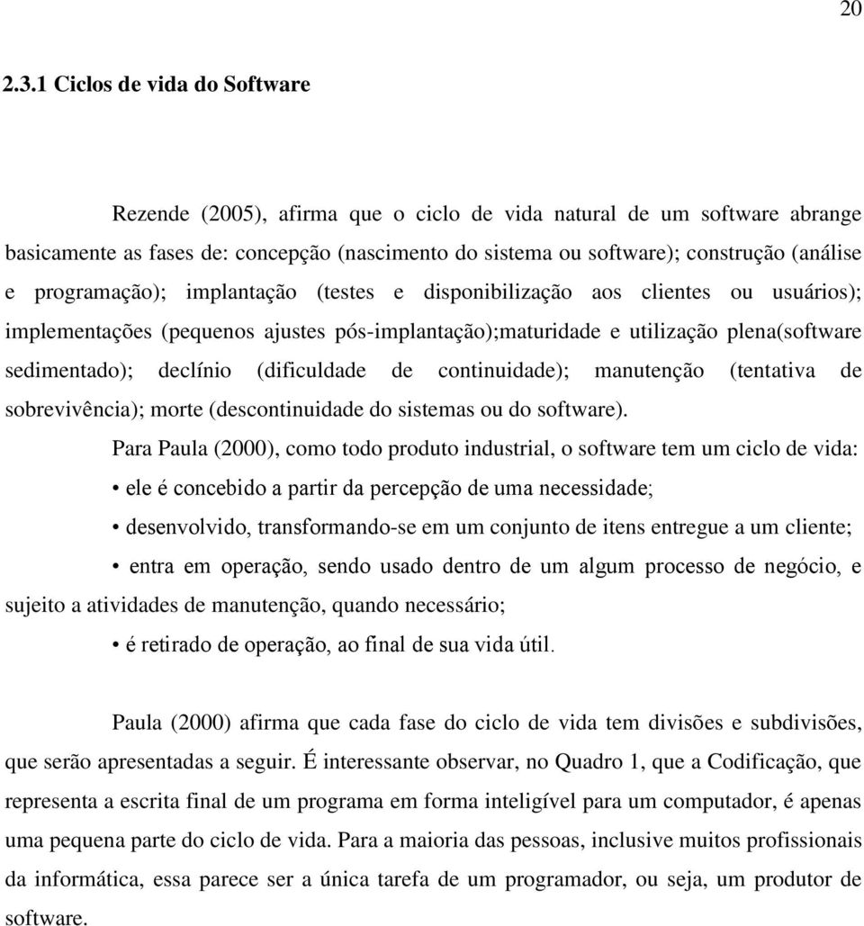 programação); implantação (testes e disponibilização aos clientes ou usuários); implementações (pequenos ajustes pós-implantação);maturidade e utilização plena(software sedimentado); declínio