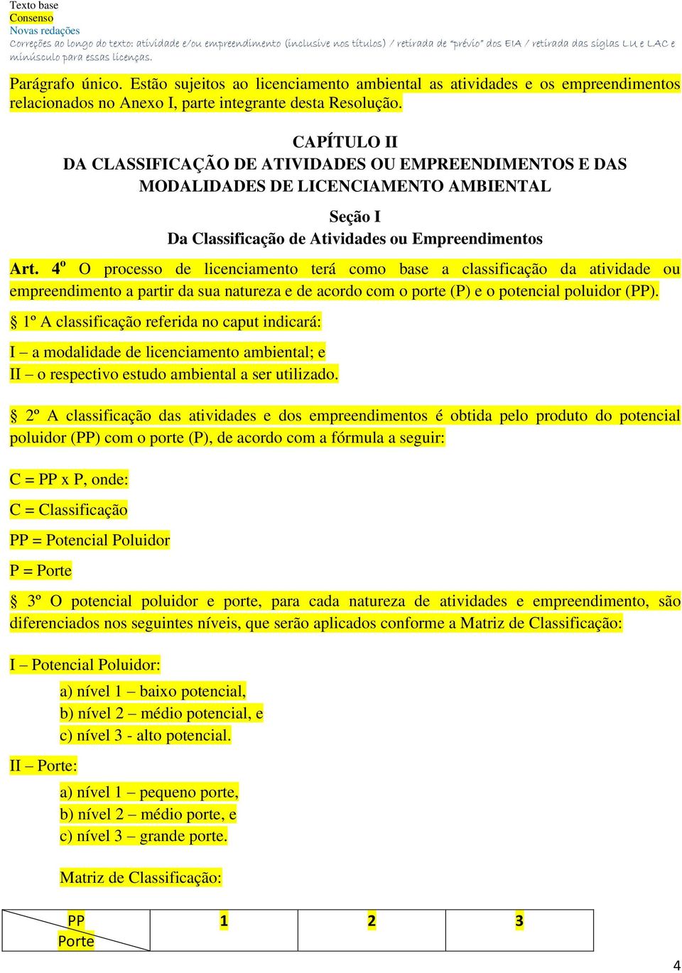 4 o O processo de licenciamento terá como base a classificação da atividade ou empreendimento a partir da sua natureza e de acordo com o porte (P) e o potencial poluidor (PP).