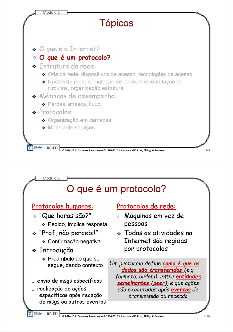 atrasos, fluxo Protocolos: Organização em camadas Modelo de serviços 1 9 O que é um protocolo? Protocolos humanos: Que horas são? Pedido, implica resposta Prof, não percebi!