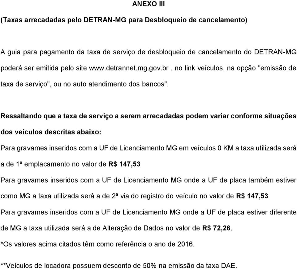 Ressaltando que a taxa de serviço a serem arrecadadas podem variar conforme situações dos veículos descritas abaixo: Para gravames inseridos com a UF de Licenciamento MG em veículos 0 KM a taxa