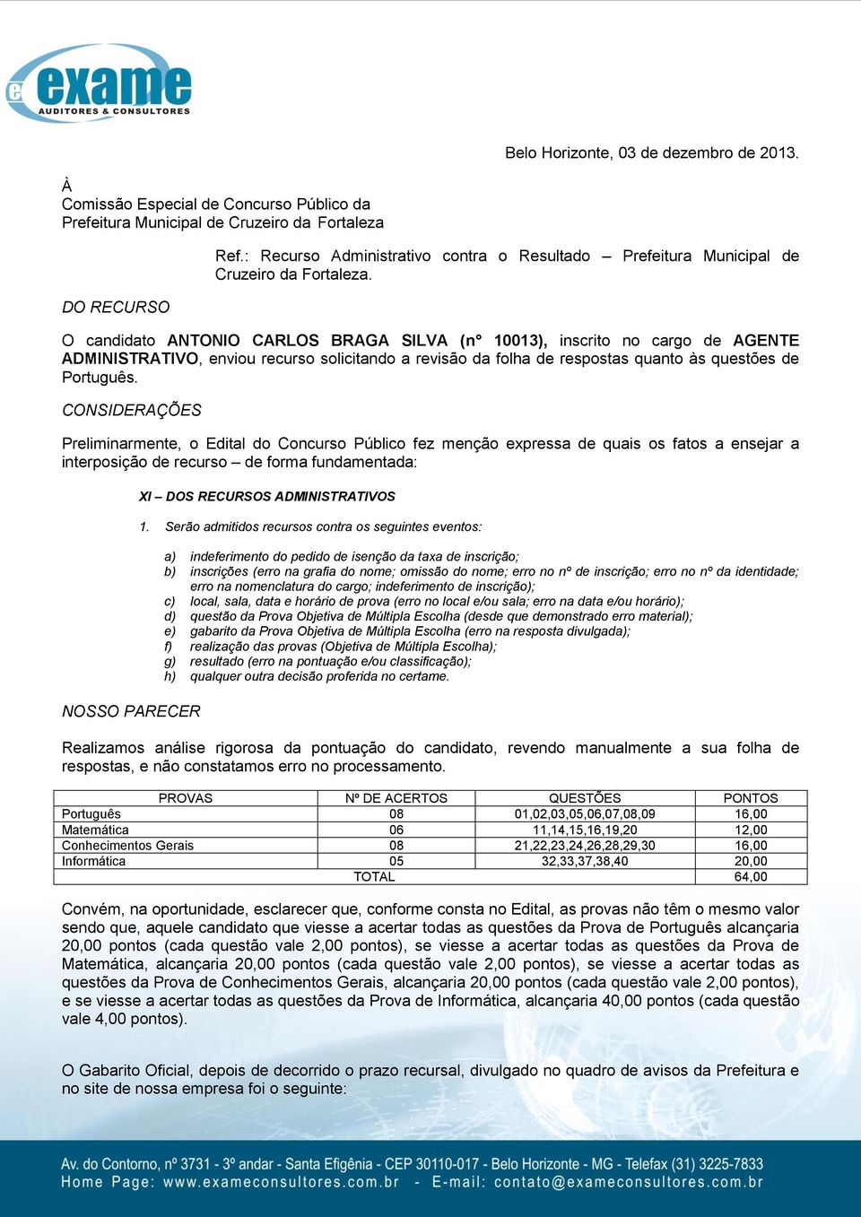 CONSIDERAÇÕES interposição de recurso de forma fundamentada: Realizamos análise rigorosa da pontuação do candidato, revendo manualmente a sua folha de respostas, e não constatamos erro no