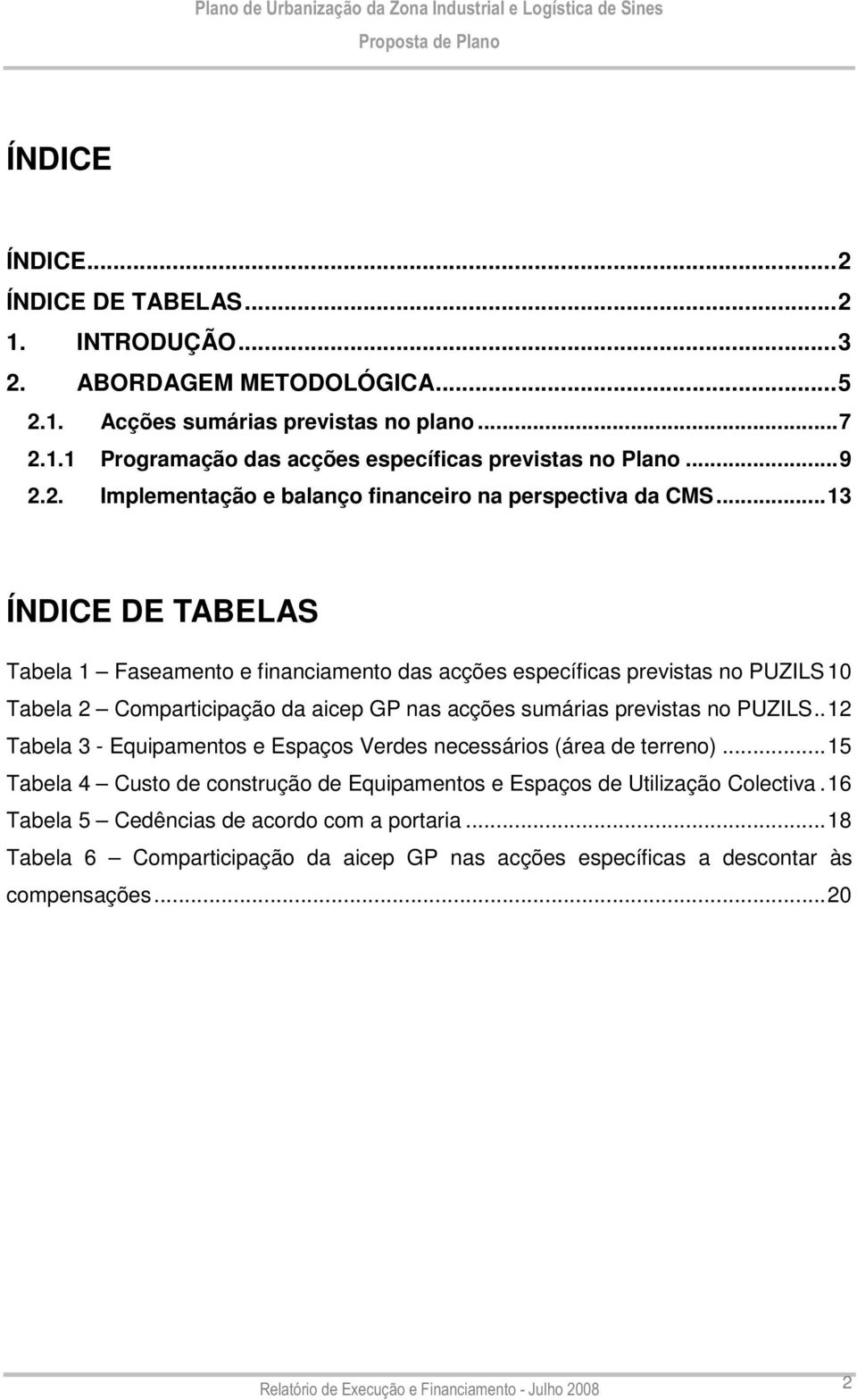 ..13 ÍNDICE DE TABELAS Tabela 1 Faseamento e financiamento das acções específicas previstas no PUZILS10 Tabela 2 Comparticipação da aicep GP nas acções sumárias previstas no PUZILS.