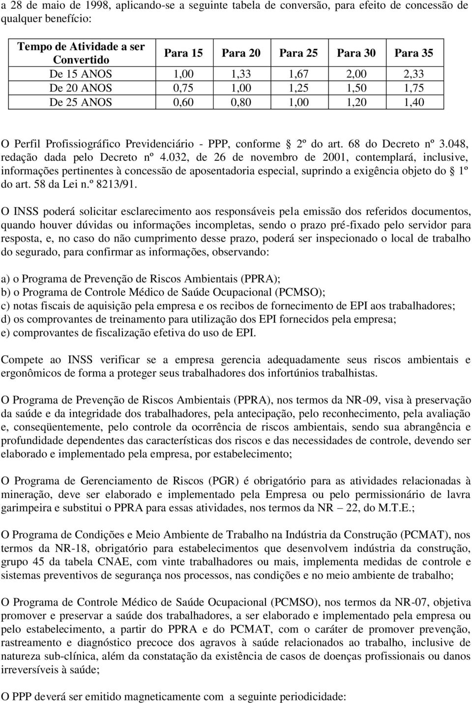 048, redação dada pelo Decreto nº 4.032, de 26 de novembro de 2001, contemplará, inclusive, informações pertinentes à concessão de aposentadoria especial, suprindo a exigência objeto do 1º do art.