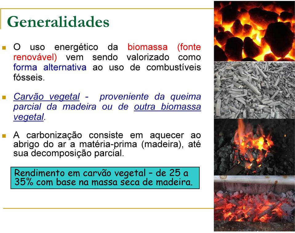 Carvão vegetal - proveniente da queima parcial da madeira ou de outra biomassa vegetal.