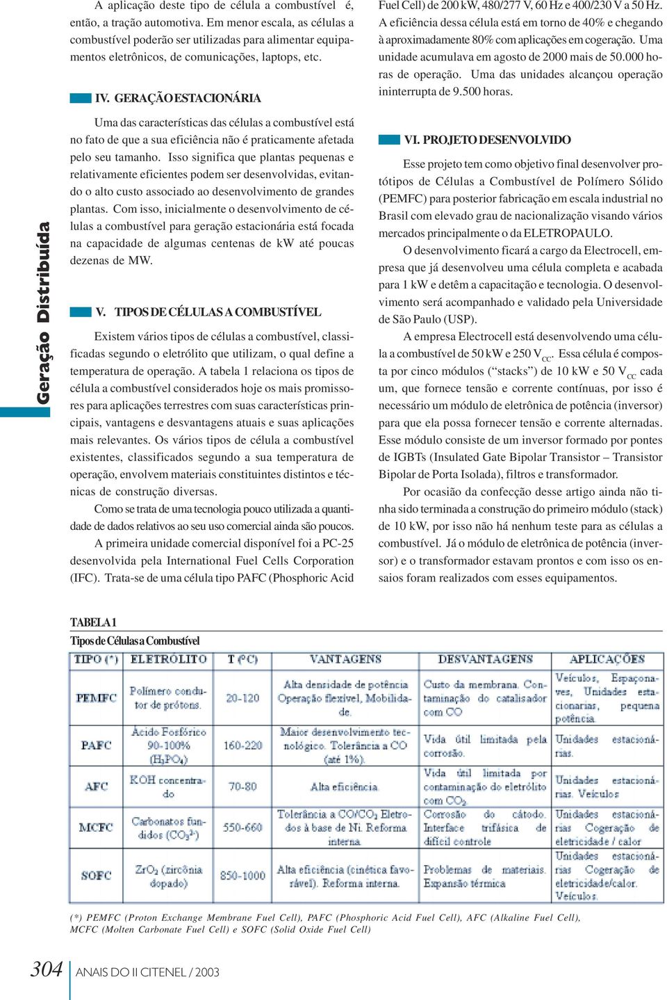 GERAÇÃO ESTACIONÁRIA Fuel Cell) de 200 kw, 480/277 V, 60 Hz e 400/230 V a 50 Hz. A eficiência dessa célula está em torno de 40% e chegando à aproximadamente 80% com aplicações em cogeração.