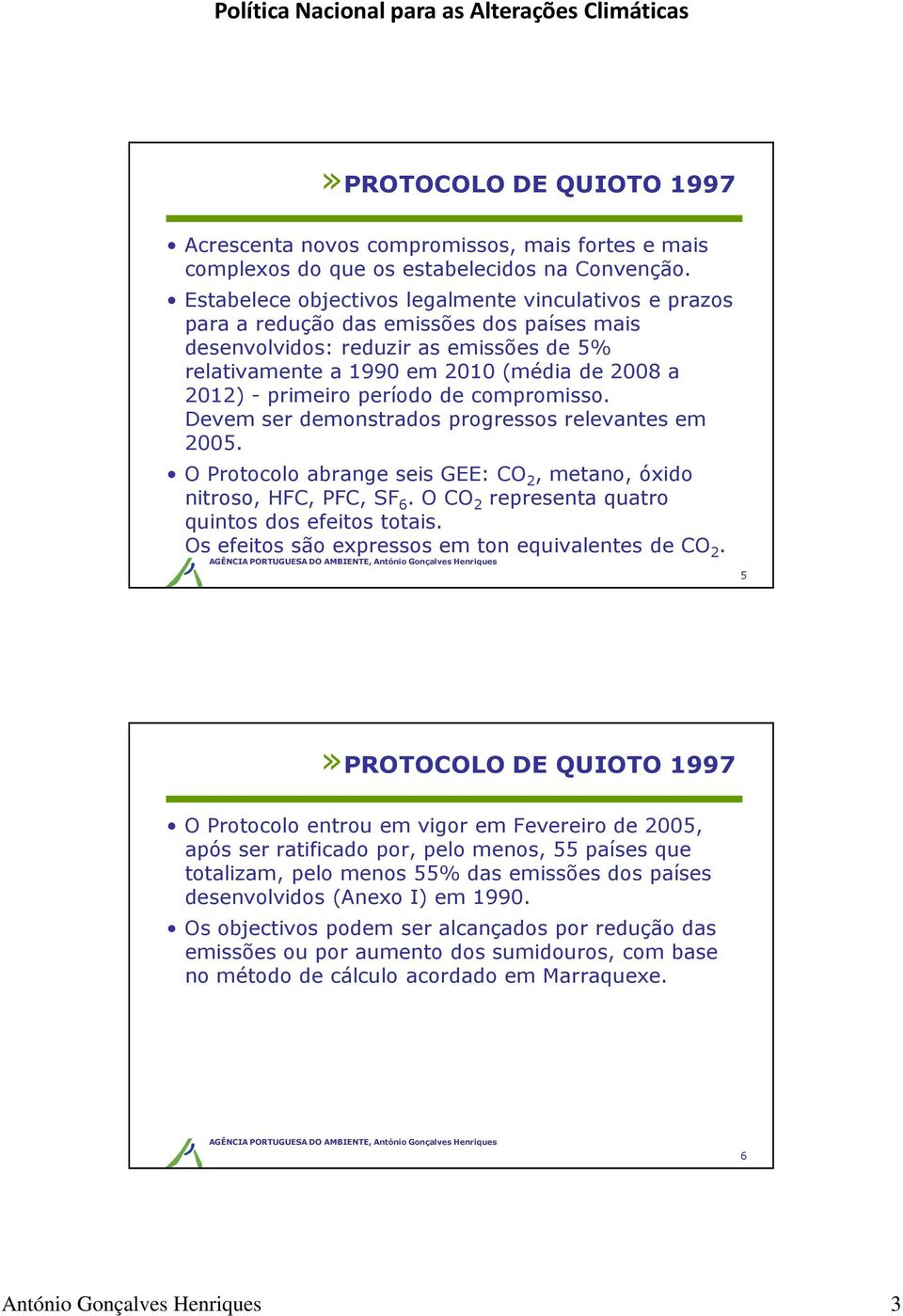 primeiro período de compromisso. Devem ser demonstrados progressos relevantes em 2005. O Protocolo abrange seis GEE: CO 2, metano, óxido nitroso, HFC, PFC, SF 6.