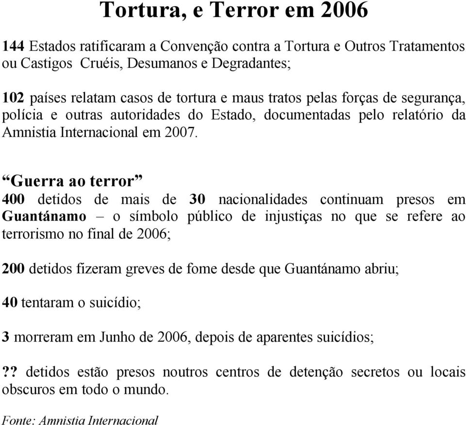 Guerra ao terror 400 detidos de mais de 30 nacionalidades continuam presos em Guantánamo o símbolo público de injustiças no que se refere ao terrorismo no final de 2006; 200 detidos fizeram