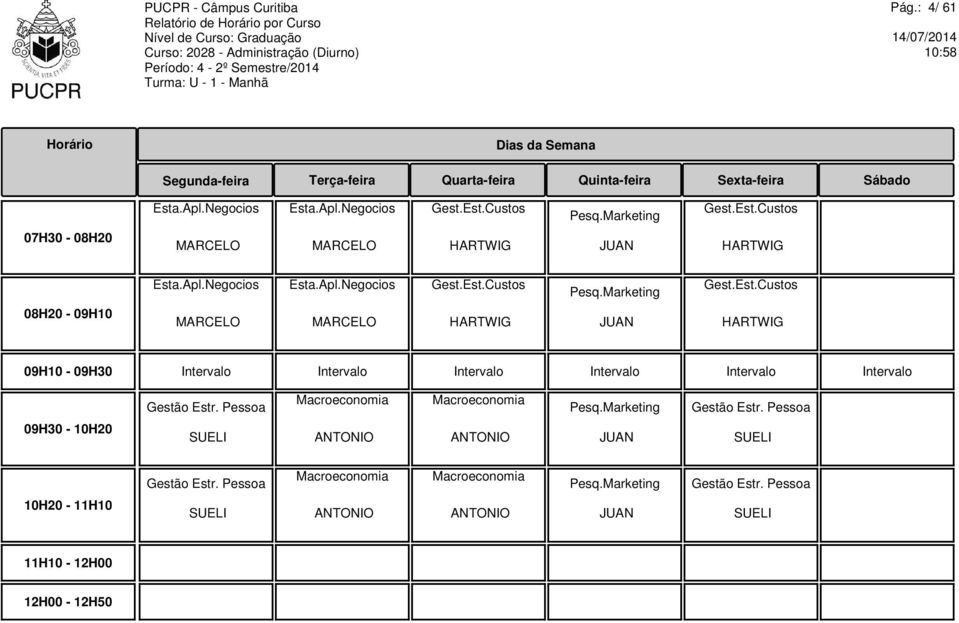Pessoa Macroeconomia Macroeconomia Pesq.Marketing Gestão Estr. Pessoa 09H30-10H20 SUELI ANTONIO ANTONIO JUAN SUELI Gestão Estr. Pessoa Macroeconomia Macroeconomia Pesq.