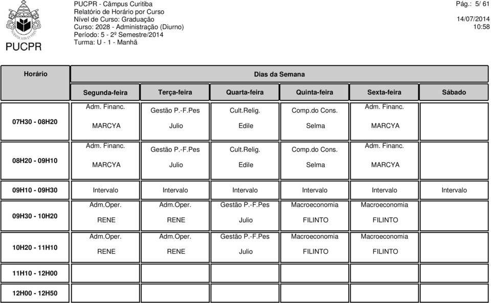 Oper. Adm.Oper. Gestão P.-F.Pes Macroeconomia Macroeconomia 09H30-10H20 RENE RENE Julio FILINTO FILINTO Adm.Oper. Adm.Oper. Gestão P.-F.Pes Macroeconomia Macroeconomia 10H20-11H10 RENE RENE Julio FILINTO FILINTO 11H10-12H00 12H00-12H50