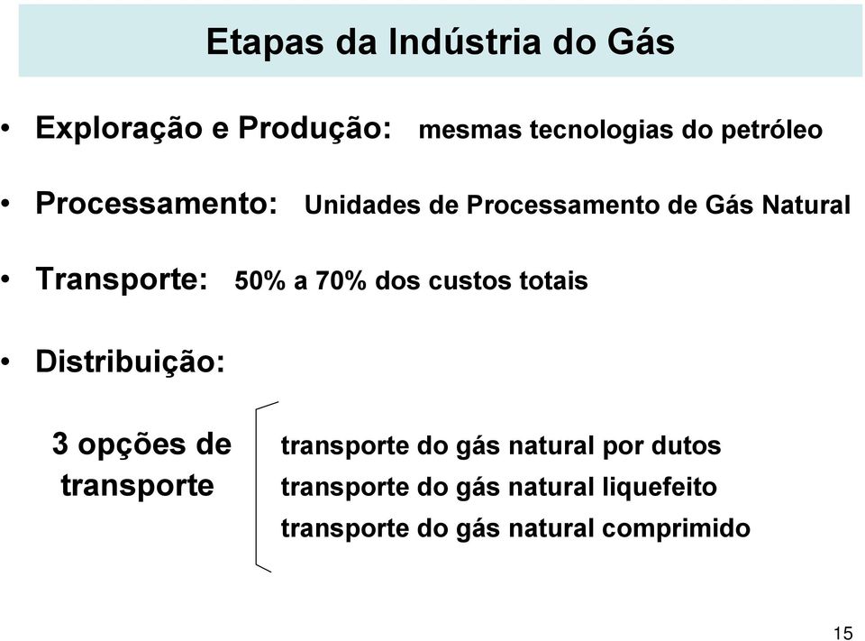 custos totais Distribuição: 3 opções de transporte do gás natural por dutos