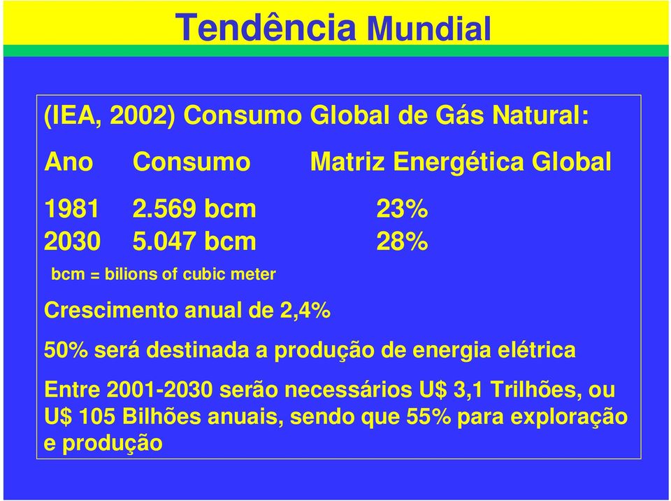 047 bcm 28% bcm = bilions of cubic meter Crescimento anual de 2,4% 50% será destinada a