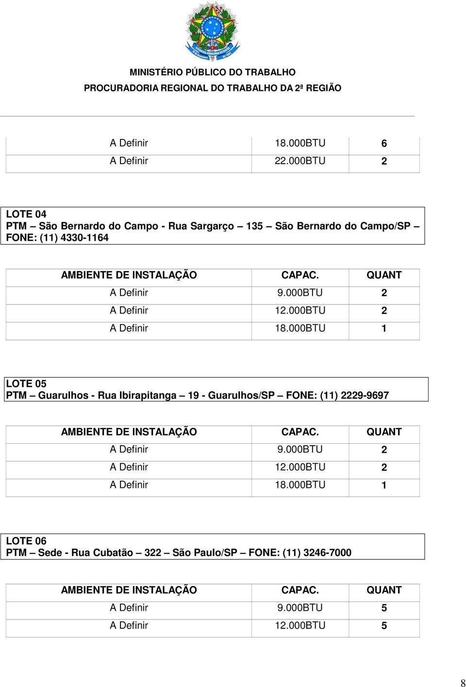 Definir 9.000BTU 2 A Definir 12.000BTU 2 A Definir 18.