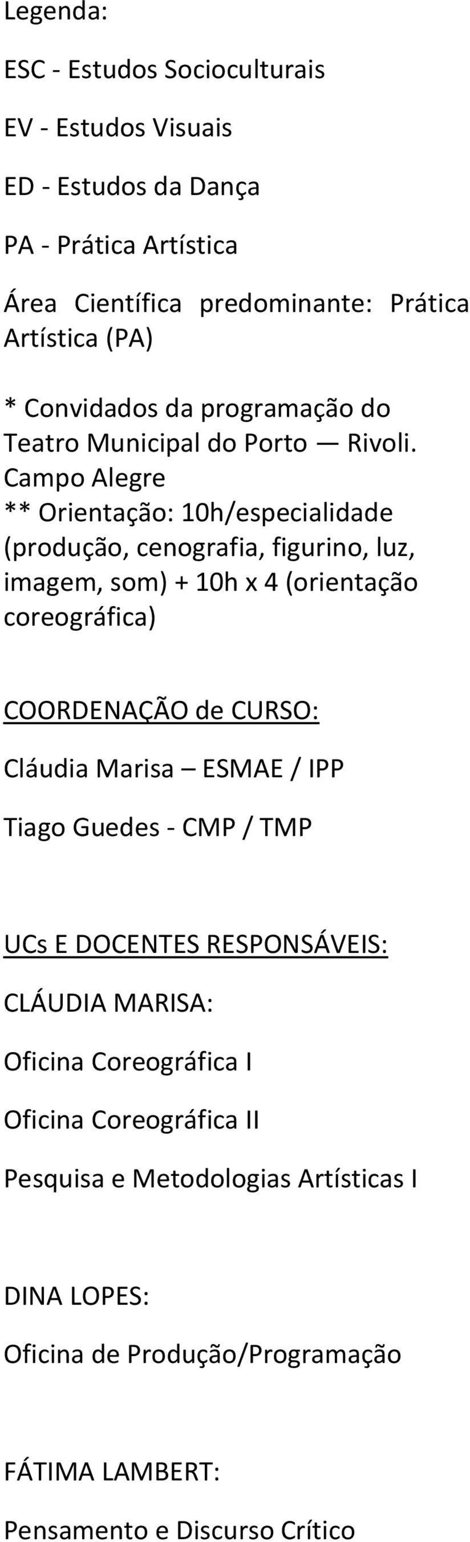 Campo Alegre ** Orientação: 10h/especialidade (produção, cenografia, figurino, luz, imagem, som) + 10h x 4 (orientação coreográfica) COORDENAÇÃO de CURSO: