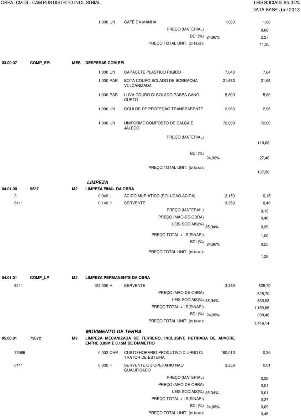 137,56 LIMPEZA 04.01.00 9537 M2 LIMPEZA FINAL DA OBRA 3 0,049 L ACIDO MURIATICO (SOLUCAO ACIDA) 3,150 0,15 6111 0,140 H SERVENTE 0,46 0,15 0,46 85,34% 0,39 1,00 24,96% 0,25 1,25 04.01.01 COMP_LP M2 LIMPEZA PERMANENTE DA OBRA 6111 192,000 H SERVENTE 625,70 625,70 533,98 1.