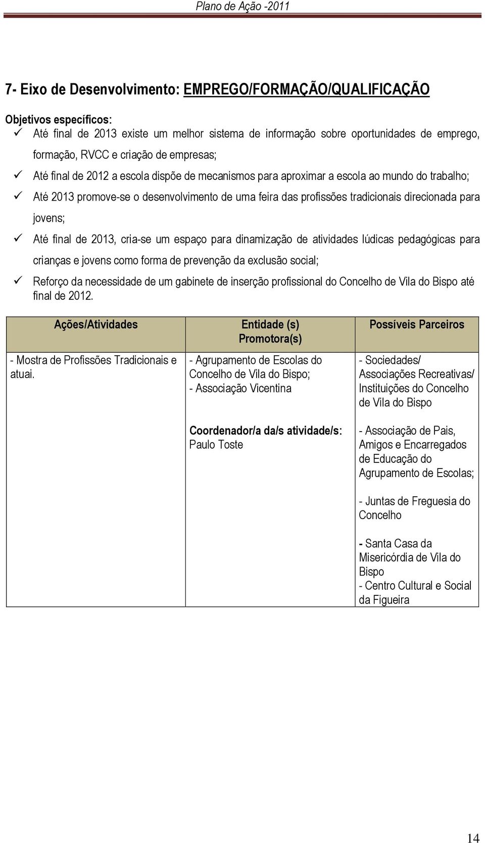 2013, cria-se um espaço para dinamização de atividades lúdicas pedagógicas para crianças e jovens como forma de prevenção da exclusão social; Reforço da necessidade de um gabinete de inserção