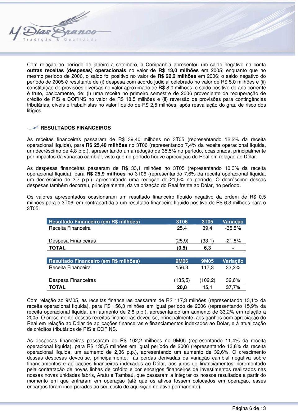 (ii) constituição de provisões diversas no valor aproximado de R$ 8,0 milhões; o saldo positivo do ano corrente é fruto, basicamente, de: (i) uma receita no primeiro semestre de 2006 proveniente da