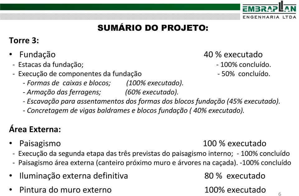- Concretagem de vigas baldrames e blocos fundação ( 40% executado).