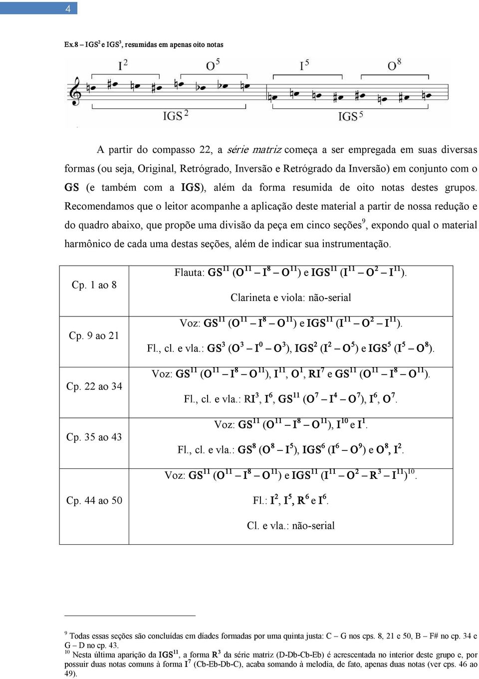 Recomendamos que o leitor acompanhe a aplicação deste material a partir de nossa redução e do quadro abaixo, que propõe uma divisão da peça em cinco seções 9, expondo qual o material harmônico de