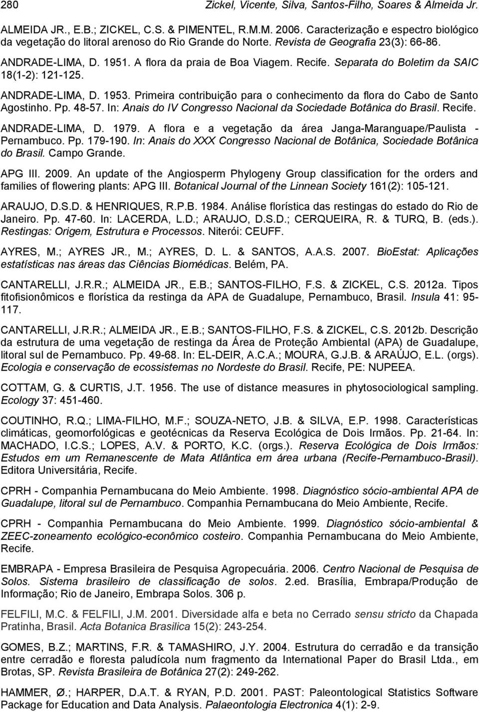 Separata do Boletim da SAIC 18(1-2): 121-125. ANDRADE-LIMA, D. 1953. Primeira contribuição para o conhecimento da flora do Cabo de Santo Agostinho. Pp. 48-57.