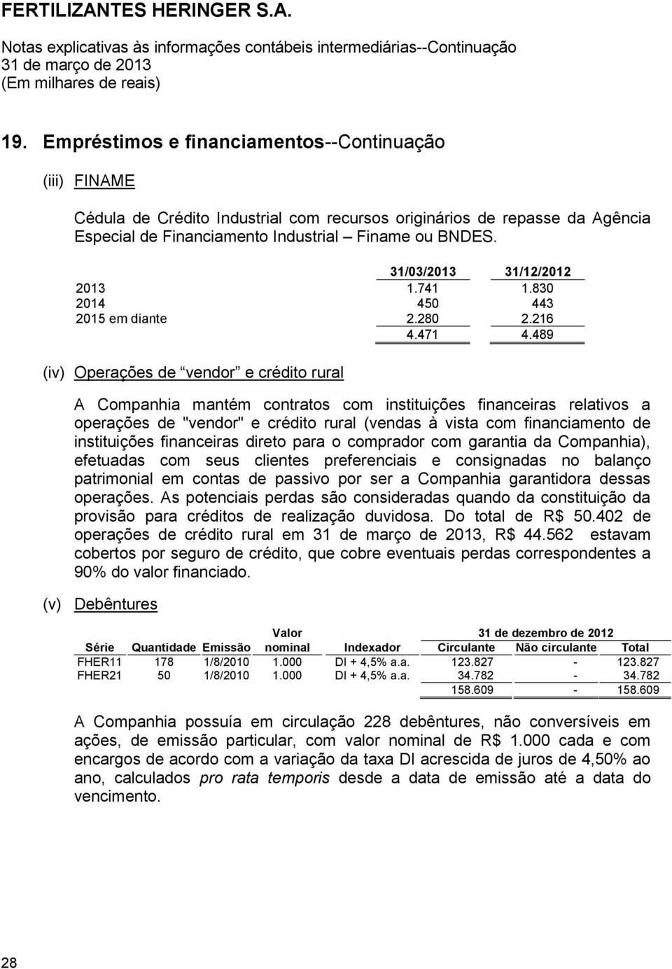 489 (iv) Operações de vendor e crédito rural A Companhia mantém contratos com instituições financeiras relativos a operações de "vendor" e crédito rural (vendas à vista com financiamento de