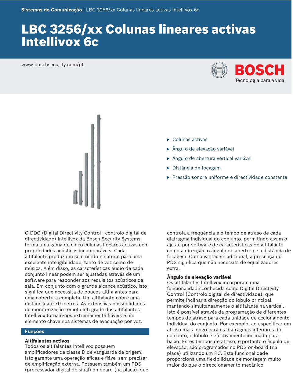 Control - controlo digital de directividade) Intellivox da Bosch Security Systems forma uma gama de cinco colunas lineares activas com propriedades acústicas incomparáveis.
