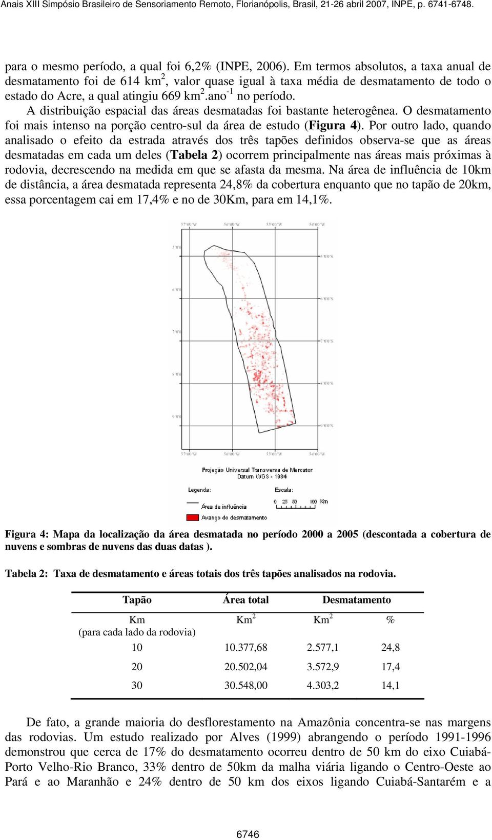 A distribuição espacial das áreas desmatadas foi bastante heterogênea. O desmatamento foi mais intenso na porção centro-sul da área de estudo (Figura 4).