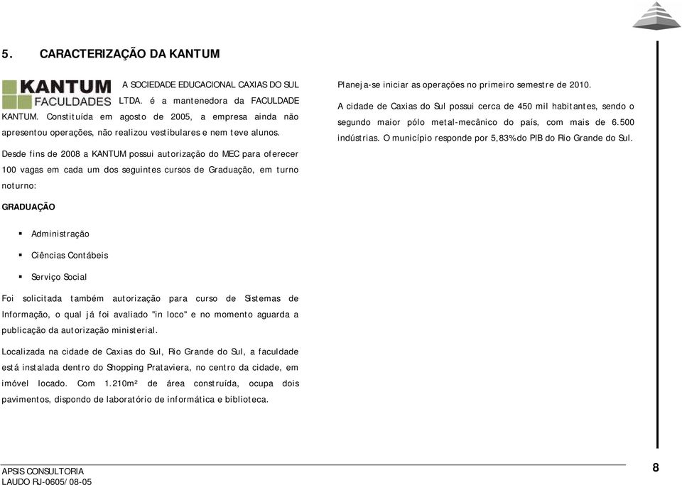 Desde fins de 2008 a KANTUM possui autorização do MEC para oferecer 100 vagas em cada um dos seguintes cursos de Graduação, em turno noturno: Planeja-se iniciar as operações no primeiro semestre de