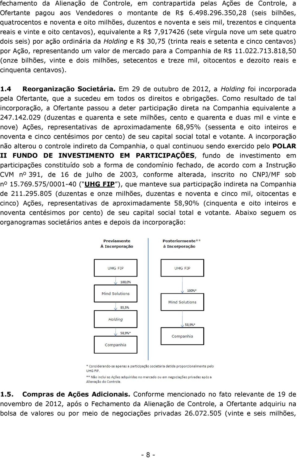 quatro dois seis) por ação ordinária da Holding e R$ 30,75 (trinta reais e setenta e cinco centavos) por Ação, representando um valor de mercado para a Companhia de R$ 11.022.713.