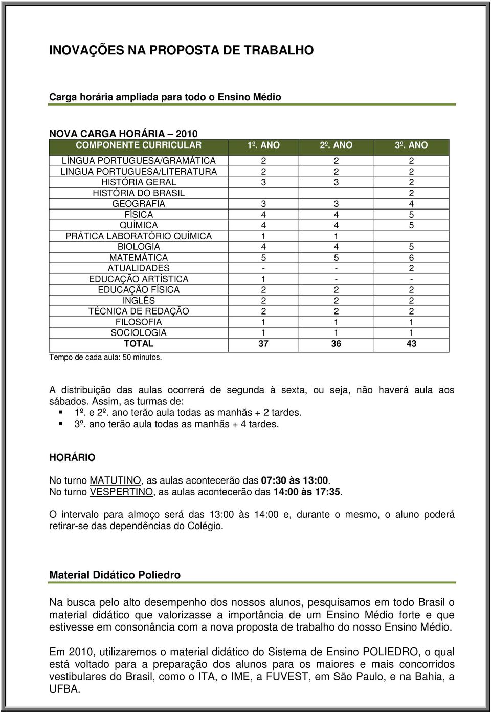 4 4 5 MATEMÁTICA 5 5 6 ATUALIDADES - - 2 EDUCAÇÃO ARTÍSTICA 1 - - EDUCAÇÃO FÍSICA 2 2 2 INGLÊS 2 2 2 TÉCNICA DE REDAÇÃO 2 2 2 FILOSOFIA 1 1 1 SOCIOLOGIA 1 1 1 TOTAL 37 36 43 Tempo de cada aula: 50